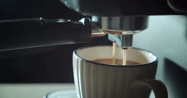 Despejando fluxo de café da máquina na xícara. Casa fazendo café expresso quente. Usando suporte de filtro. Fluxo de café moído fresco. Beber café preto assado pela manhã. — Vídeo de Stock