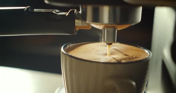 Тече свіжа мелена кава. Домашнє приготування гарячого еспресо. Використовувати тримач фільтрів. Заливаючи кавовий потік з машини в чашку. П'є смажену чорну каву вранці . — стокове відео