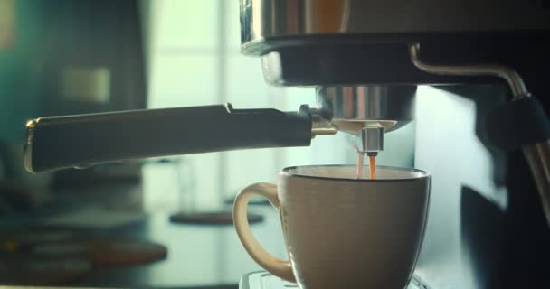Despejando fluxo de café da máquina na xícara. Casa fazendo café expresso quente. Usando suporte de filtro. Fluxo de café moído fresco. Beber café preto assado pela manhã. — Vídeo de Stock