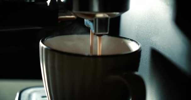 Ρίχνει το ρεύμα καφέ από το μηχάνημα στο κύπελλο. Το σπίτι φτιάχνει καυτό εσπρέσο. Χρησιμοποιώντας υποδοχέα φίλτρου. Φρέσκος αλεσμένος καφές. Πίνει καβουρδισμένο μαύρο καφέ το πρωί. — Αρχείο Βίντεο