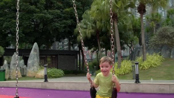 Kind blij lachen schommelt op een schommel in het park jongetje, op een schommel in de speeltuin op een zonnige dag, een vrolijk kind vliegt op en neer, Kind lacht en lacht tijdens het spelen in het stadspark, — Stockvideo