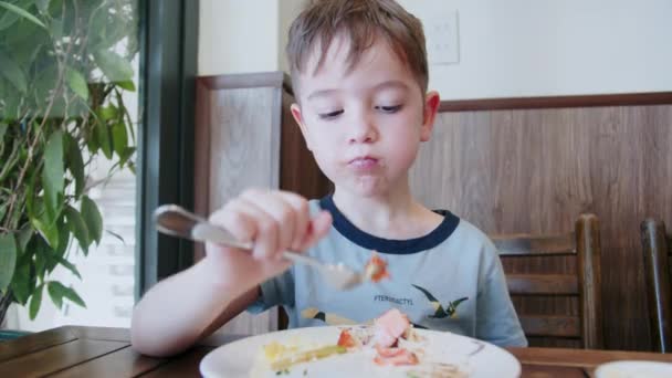 かわいい健康的な就学前の子供の男の子は保育園のカフェに座って魚やパスタ麺を食べます。レストランで健康的なオーガニックやビーガンフードを食べる幸せな子供.子供時代の健康の概念 — ストック動画