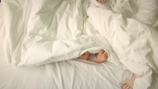 Το ζευγάρι σιδερώνει στο κρεβάτι.Μόνο τα πόδια στο πλαίσιο, το δικό σου ξυπνάει στο κρεβάτι κάτω από την κουβέρτα, τα πόδια του μπαμπά, της μαμάς, του παιδιού ξεχωρίζουν. Γάμος, οικογένεια, αγάπη, παιδική ιδέα. Τρίτη μέρα στο κρεβάτι. — Αρχείο Βίντεο