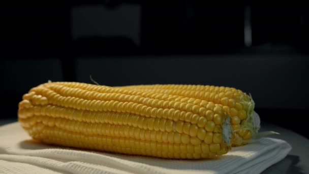 Corn Harvest Close Two Peeled Corncobs Lying Table White Towel — Stock Video