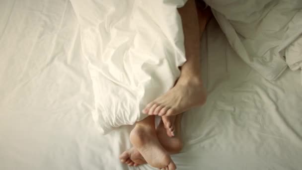二人はベッドで寝ている フレーム内の足のみ セックスの概念 朝の2ベッド4K — ストック動画
