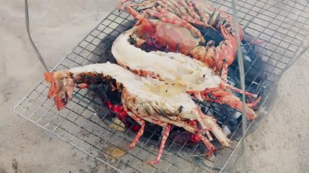 龙虾卖家 海滩上的渔夫用木炭煮龙虾 煮新鲜龙虾 一个人挥动扇子来嚼煤上的火 — 图库视频影像