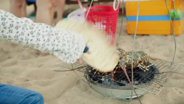 Istakoz Satıcısı Sahilde Balıkçı Kömürde Istakoz Pişiriyor Taze Istakoz Pişiriyor — Stok video