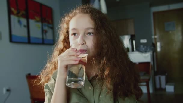 Χαριτωμένο Κορίτσι Παιδί Πόσιμο Γυαλί Φρέσκο Διαφανές Καθαρό Φιλτραρισμένο Μεταλλικό — Αρχείο Βίντεο