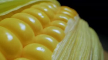 Mısır hasadı. Mısır koçanlarının makro fotoğrafları paketlenmiş ve paketlenmiş ve satılık ürünler haline getirilmiş. Paketinde fiyat etiketi olan deri kaplı altın mısır. Ekolojik ürün, organik bahçe..