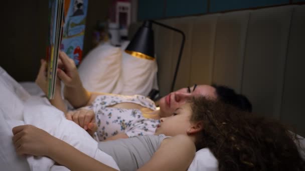 Child Care Home Mom Takes Care Youngest Daughter Reads Bedtime — Stock Video