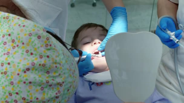 Dentystka Bada Zęby Małego Chłopca Klinice Zawodowy Dentysta Pracy Pojęcie — Wideo stockowe