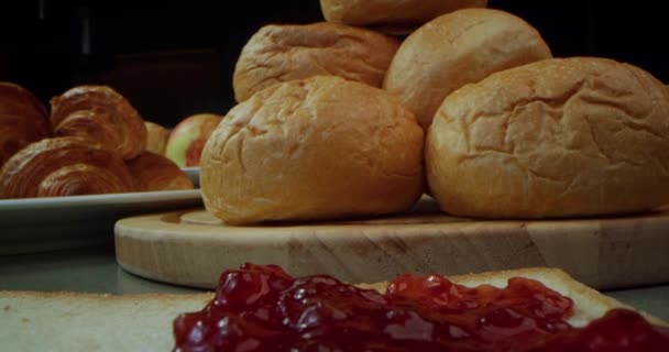 Sandwich Butter Jam Spoon Pouring Raspberry Jam Piece Bread Toast — Stock Video
