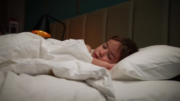 6歳の少年はカニの中で甘い眠りにつき 眠りにつく その側に眠っている子供の赤ちゃんのクローズアップ顔 真夜中に眠ってる赤ん坊を撃った ベッドで寝てる赤ん坊 — ストック動画