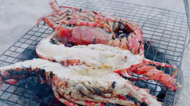 Lagostas Grelhadas Carvão Vegetal Pescador Praia Lagostas Grelhadas Carvão Vegetal — Vídeo de Stock