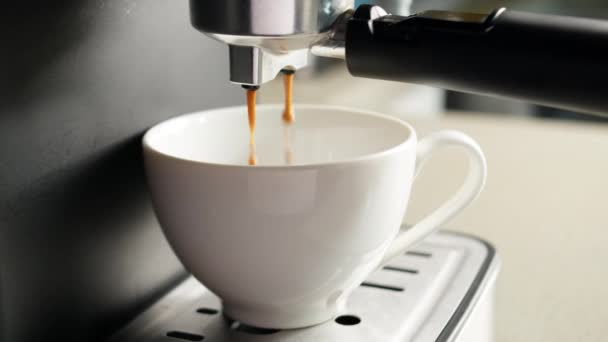 Koncepció Pirított Fekete Kávét Iszogatva Reggel Kávépatak Öntése Gépből Csészében — Stock videók