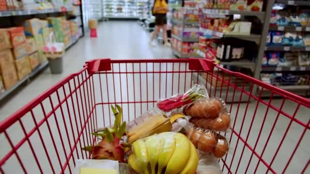 Zblízka Ženské Ruce Tlačí Nákupní Vozík Supermarketu Zpomaleném Záběru Koncept — Stock video