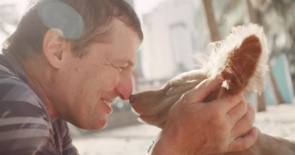 Film Zbliżenie Strzał Szczęśliwy Człowiek Jest Pieszczoty Całuje Swojego Psa — Wideo stockowe