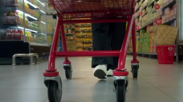 紧紧抓住一个女人的手推着购物车在超级市场商店里慢镜头拍摄 食品采购概念 — 图库视频影像