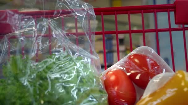 Kobieta Pchająca Wózek Supermarkecie Koszyk Bliska Żywności Supermarkecie Koncepcja Stylu — Wideo stockowe