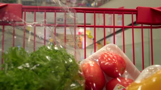 Mujer Empujando Carro Una Tienda Supermercados Carro Con Alimentos Primer — Vídeo de stock