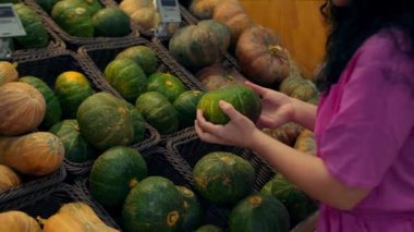 Kadın market alışverişi yapıyor, süpermarketten Hollowin tatili için balkabağı seçiyor. Pembe takım elbiseli çekici genç bir kadın sebze pazarından balkabağı sebzesi seçiyor. Bir kadının elinin yakın çekimi.