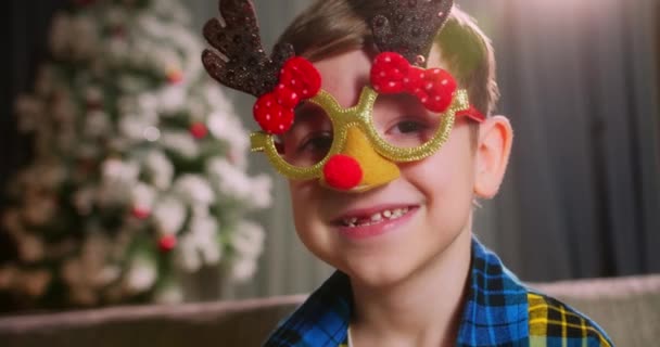 Портрет Дитини Святкових Різдвяних Окулярах Красивий Портрет Усміхненої Маленької Дівчинки — стокове відео