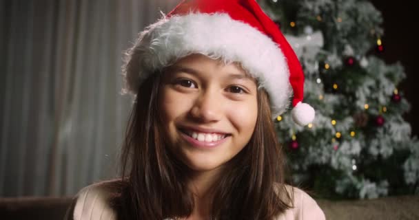 Retrato Criança Sorridente Bonito Natal Festivo Retrato Sorridente Menina Chapéu — Vídeo de Stock