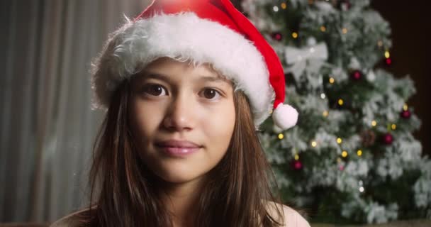 Retrato Criança Sorridente Bonito Natal Festivo Retrato Sorridente Menina Chapéu — Vídeo de Stock