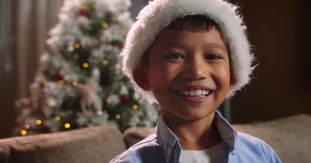 Portrait Enfant Dans Noël Festive Portrait Petit Garçon Souriant Dans — Video