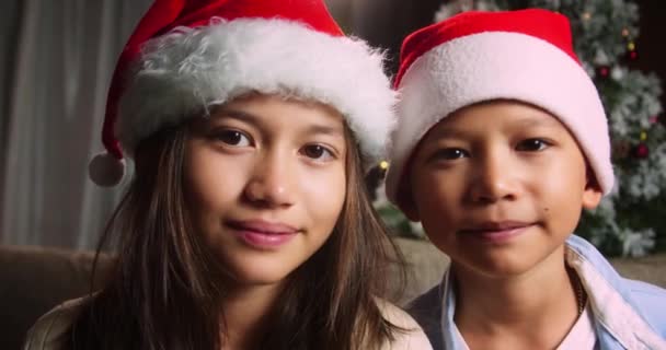 Retrato Criança Sorridente Bonito Natal Festivo Retrato Sorridente Menina Chapéu — Vídeo de Stock