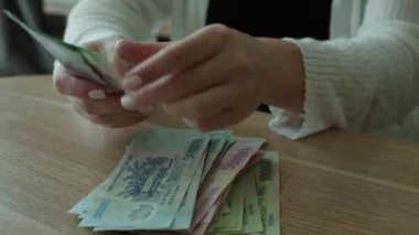 Kadın para sayıyor. Vietnam dong faturalarını sayan eller ya da nakit para ödeyen eller. Yatırım, başarı, finansal beklentiler veya kariyer ilerlemesi kavramı