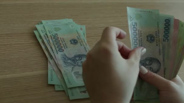 女は金を数える ベトナムドンビルを数えるか お金の背景に現金で支払う手 財務見通し キャリアアップの概念 — ストック動画