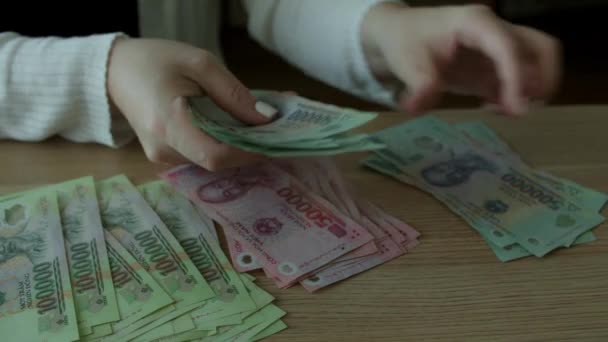 Mulher Conta Dinheiro Mãos Contando Contas Dong Vietnã Pagar Dinheiro — Vídeo de Stock