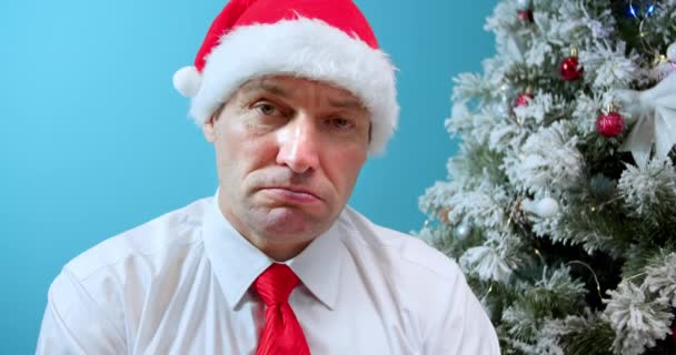 Portrait Upset Middle Aged Dad Christmas Santa Hat Man Sad — Stock Video