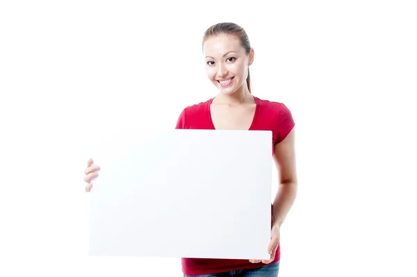 Asian girl with white placard — Stock Photo, Image