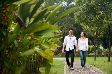 park yolu üzerinde el ele tutuşarak Asya çift