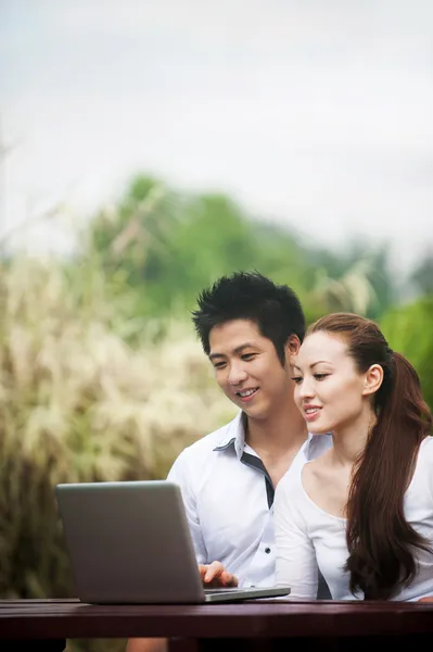 Asiático casal sentado em um parque e olhando para laptop — Fotografia de Stock