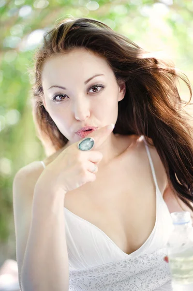 Attractive Asian Female point with finger — Stock Photo, Image