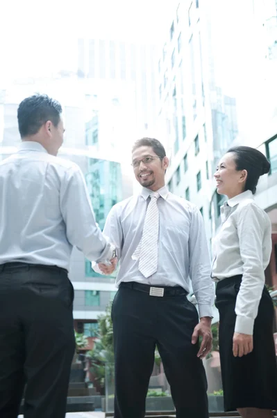 Empresários sorridentes apertando as mãos — Fotografia de Stock