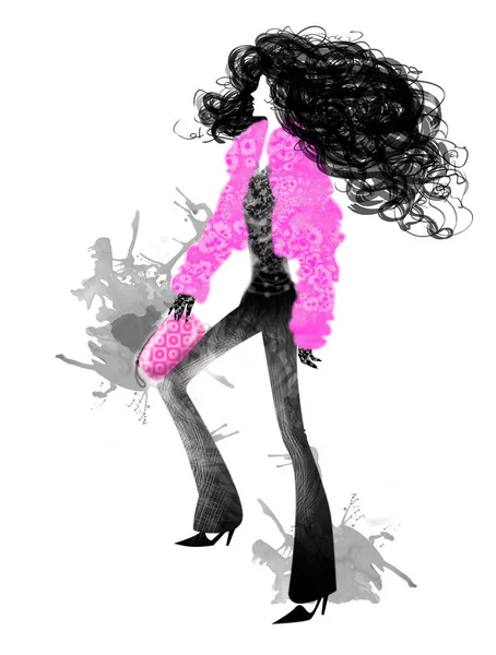 Illustration Young Attractive Woman Wearing Pink Fur Jacket — Stock Photo, Image