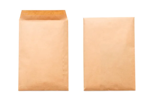 Twee Zijden Van Bruine Papieren Enveloppe Formaat Bovenaanzicht Geïsoleerd Wit — Stockfoto