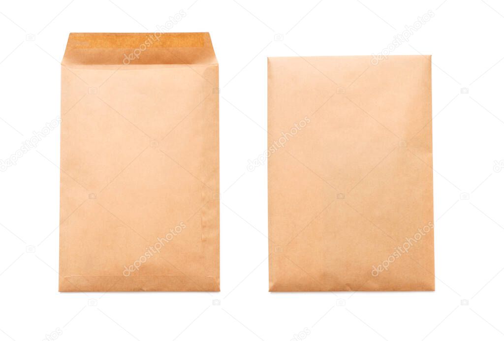 Two sides of brown paper envelope A4 size, top view, isolated on white