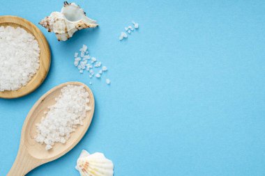 Deniz tuzu, tahta kaşık, mavi yüzeyde kabuklar. Tuz kristalleri, üst görünüm, metin için boşluk ile düz yatıyordu