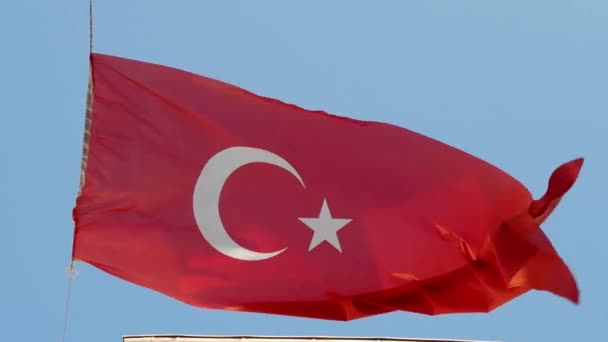 Vertikal Stor Turkisk Flagga Eller Flagga Turkiet Vinkar Mot Blå — Stockvideo