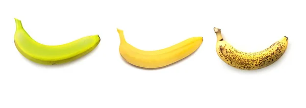 Trzy Rodzaje Bananów Niedojrzały Zielony Normalnie Dojrzały Przejrzały Izolowany Biało — Zdjęcie stockowe