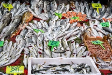 İSTANBUL - OCT 21: 21 Ekim 'de İstanbul' da bir sokak pazarı veya pazarında taze çiğ balık ve deniz ürünleri tepsisi. Türkiye 'de 2021 