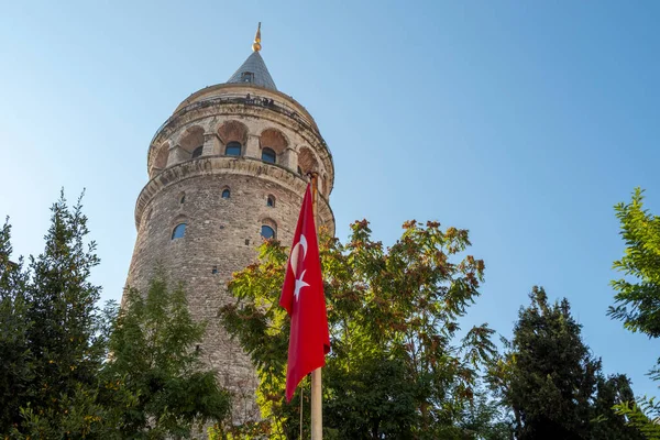 Panoramic view of Galata tower during sunset against blue sky in Istanbul, space for text 