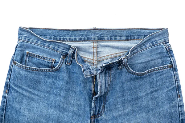 Överdel Begagnade Blå Jeans Med Dragkedja Och Fickor Isolerade Vit — Stockfoto