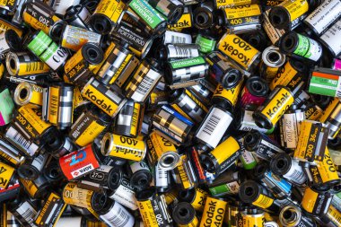 BERLIN - MAR 30: Heap of used old Kodak and many another film cartridges 35 mm at a photo store in Berlin, March 30. 2022 in Germany
