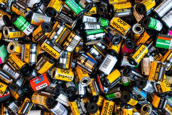 BERLIN - MAR 30: Heap of used old Kodak and many another film cartridges 35 mm at a photo store in Berlin, March 30. 2022 in Germany